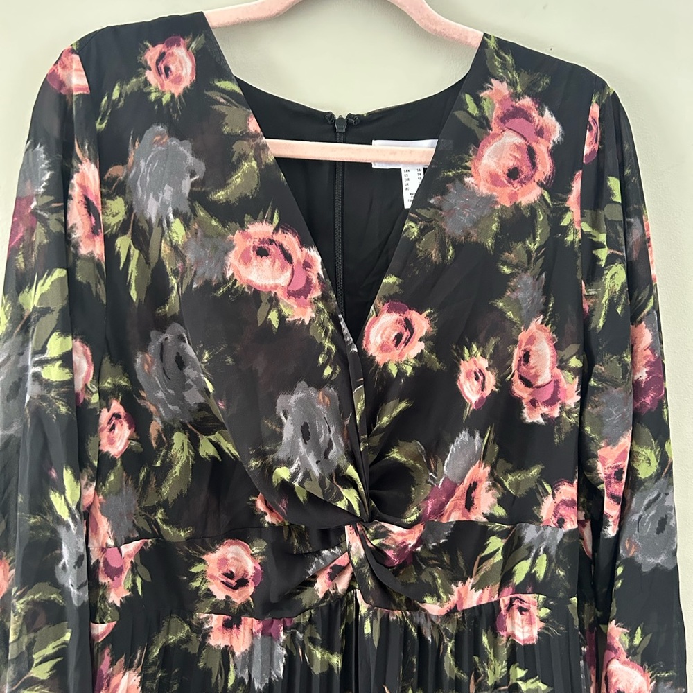 Addition Elle Pleated Skirt Twist Front Semi Sheer Long Sleeve Floral Midi Dress - Picture 4 of 6